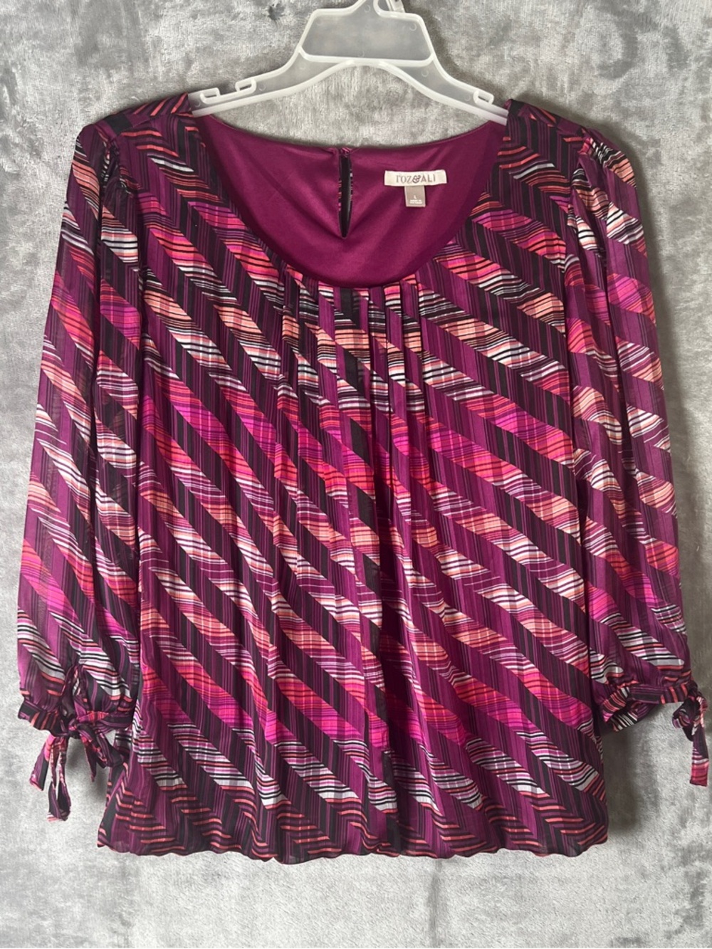 Roz & Ali Magenta and Burgundy Striped Pleated Blouse